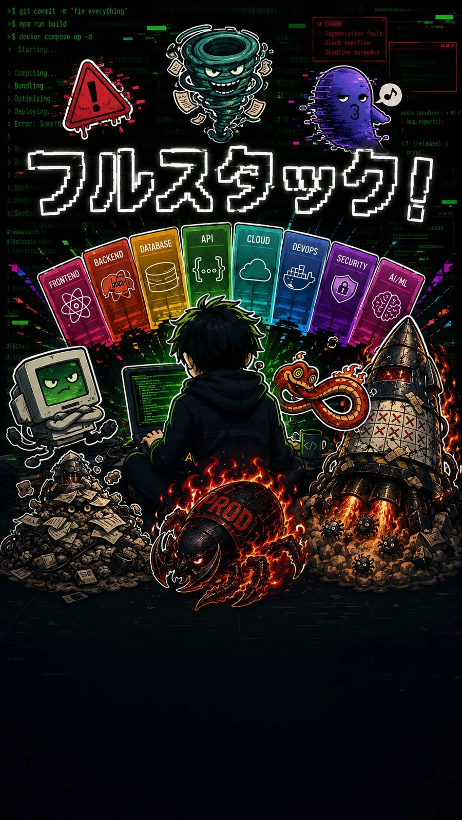 『フルスタック!』キービジュアル:技術カードを広げてバグの大群と向き合うエンジニア