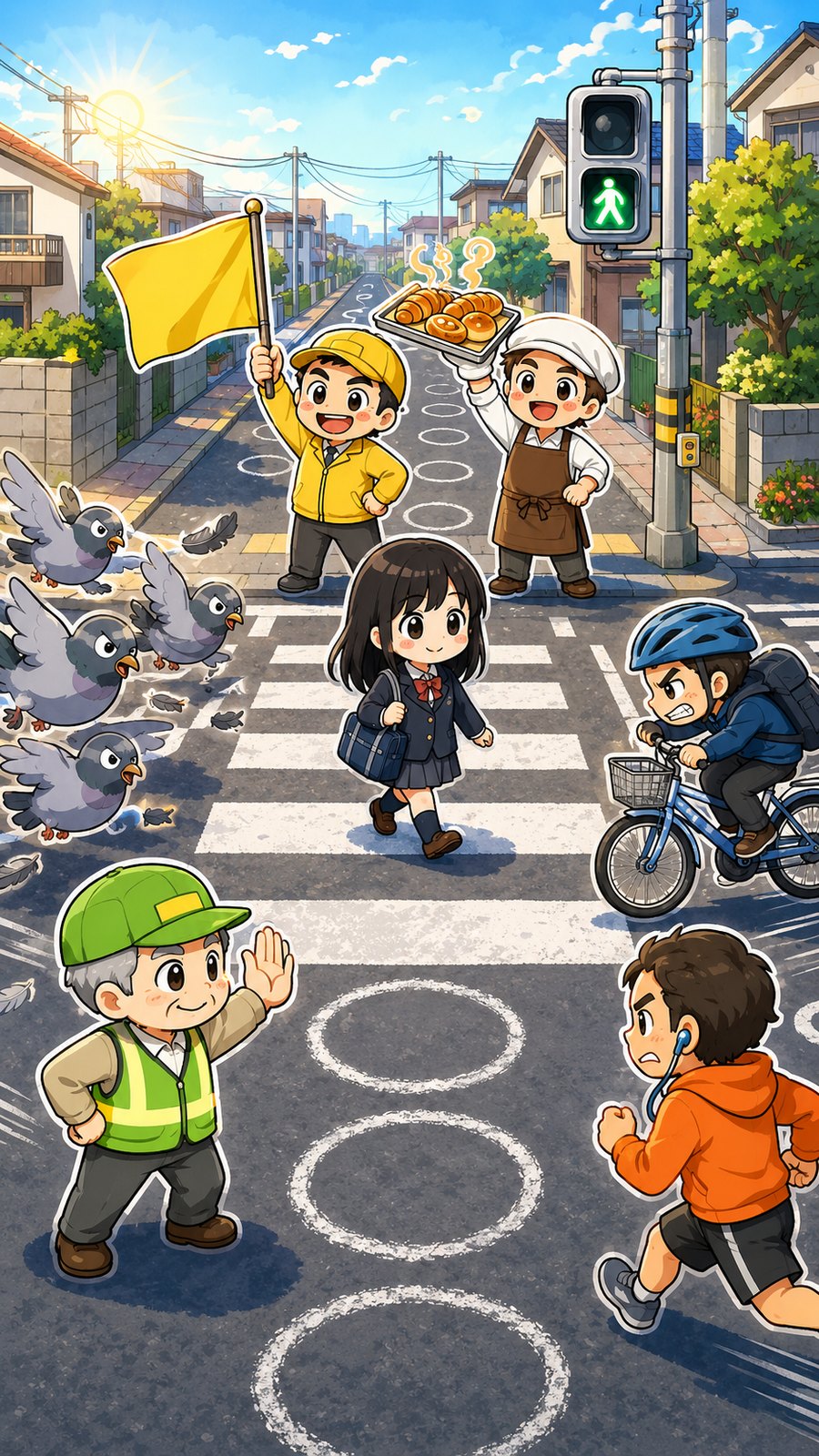 『まもってわたる。』キービジュアル:朝の交差点を渡る明日香と、車線を守る町のみんな