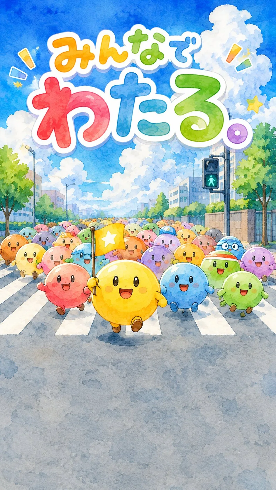 『みんなでわたる。』キービジュアル:横断歩道を渡る色とりどりの仲間たちの大群