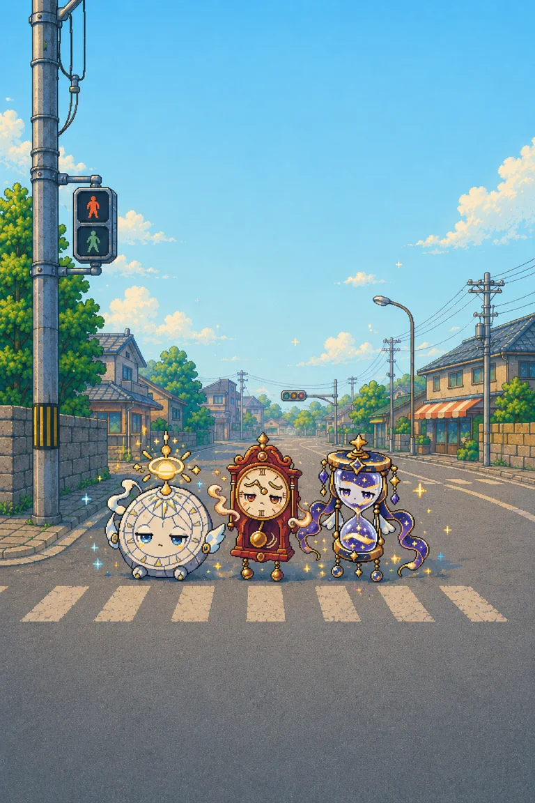 『四十秒のオリ図鑑』キービジュアル：朝の交差点で信号待ちをする時計の精霊三体
